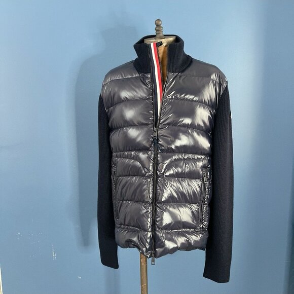 Moncler MAGLIONE Tricot Wool Knit Quilted Down Cardigan Jacket Navy Women Large - Picture 3 of 10